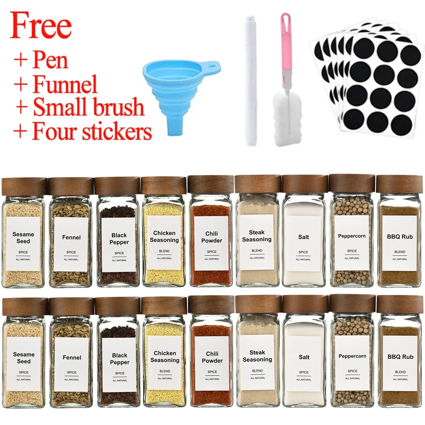 3-12pcs Wood Cover Glass Spice Jars Square Transparent Seasoning Storage Bottles Kitchen Salt Spices Ground Pepper Sealing Tools