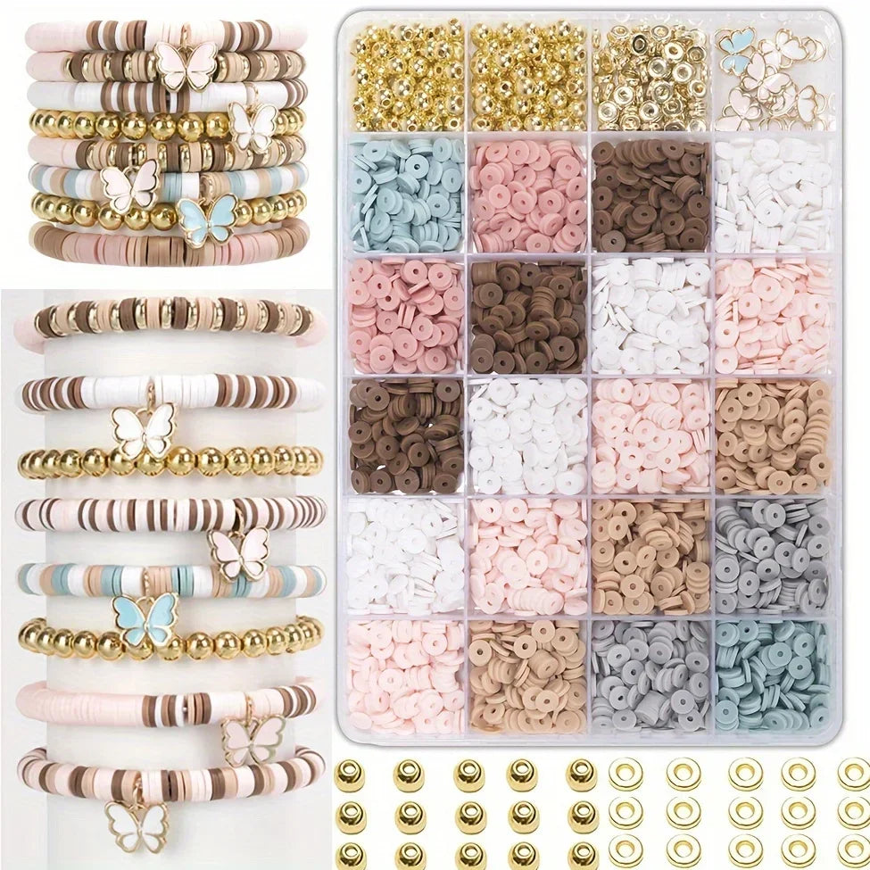 DIY Friendship Bracelet Set - Bohemian Style Clay Beads, Pink Blue Brown Combination, Used for Jewelry Making