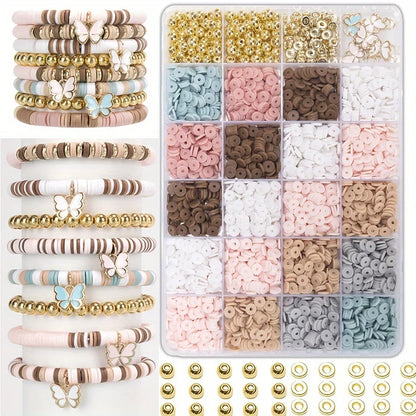 DIY Friendship Bracelet Set - Bohemian Style Clay Beads, Pink Blue Brown Combination, Used for Jewelry Making