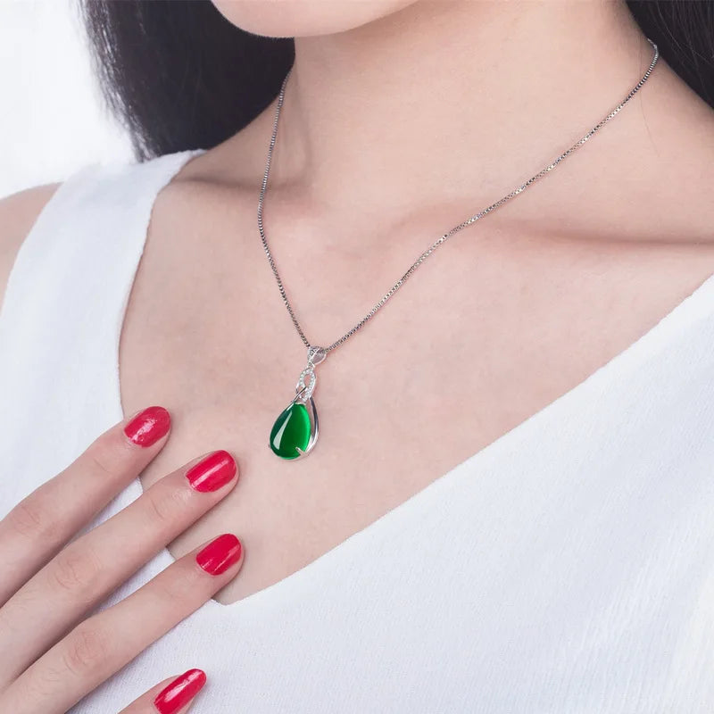 2021 New Fashion Natural Emerald S925 Sterling Silver Women Necklace Pendant Gemstone Collarbone Fine Jewelry Jade Bizuteria