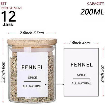 12Pcs Glass Spice Jars with Bamboo Airtight Lids 6.5oz Small Food Storage Containers for Kitchen, Seasoning, Coffee, Herb